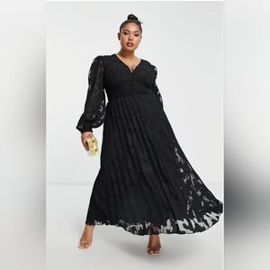 ASOS Design Curve Burnout Long Sleeve Textured Pleated Black Maxi Dress (US 16)